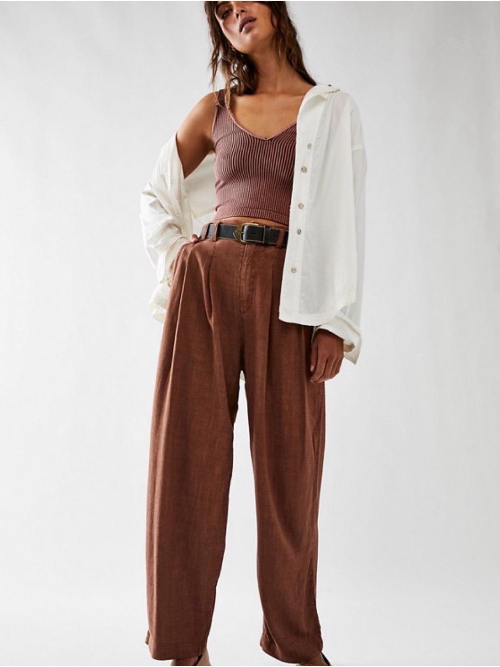 Free People Calla Pleated Trousers Chestnut Brown Linen Blend Wide Leg Size 6